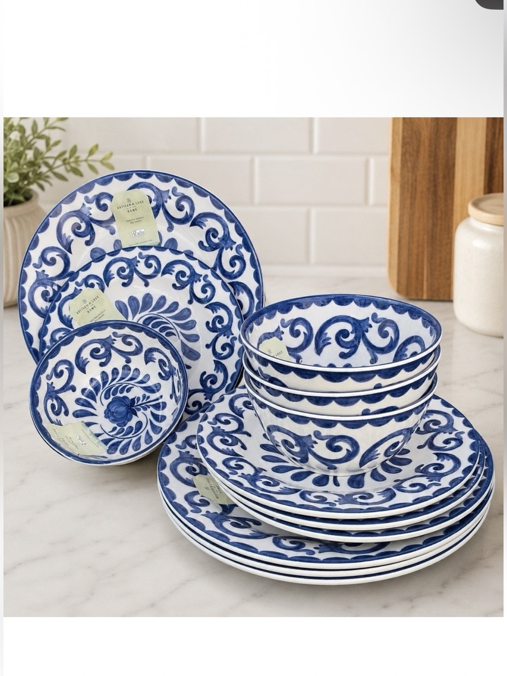 12 Pc Set Artisan de Luxe BLUE ROSE SCROLL Melamine Dinner / Salad / Bowls NEW
